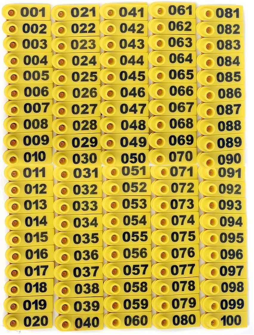 Yellow Numbered Ear Tags 001-100 Livestock Animal Plastic for Cattle Sheep 50mm