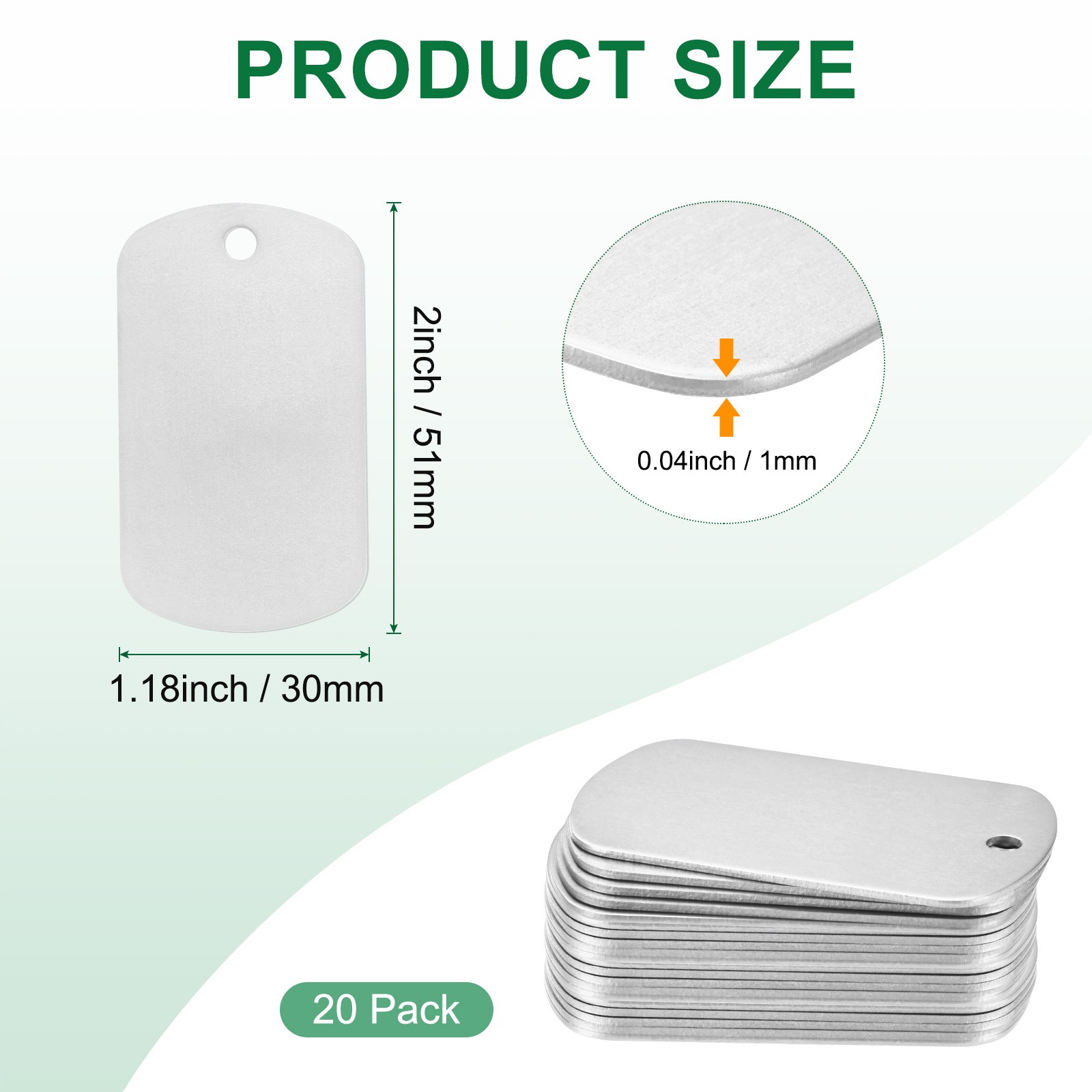 20-Pack 2″ x 1.18″ x 0.04″( L x W x T ) Blank Dog Tags [Silver, 1 Hole]