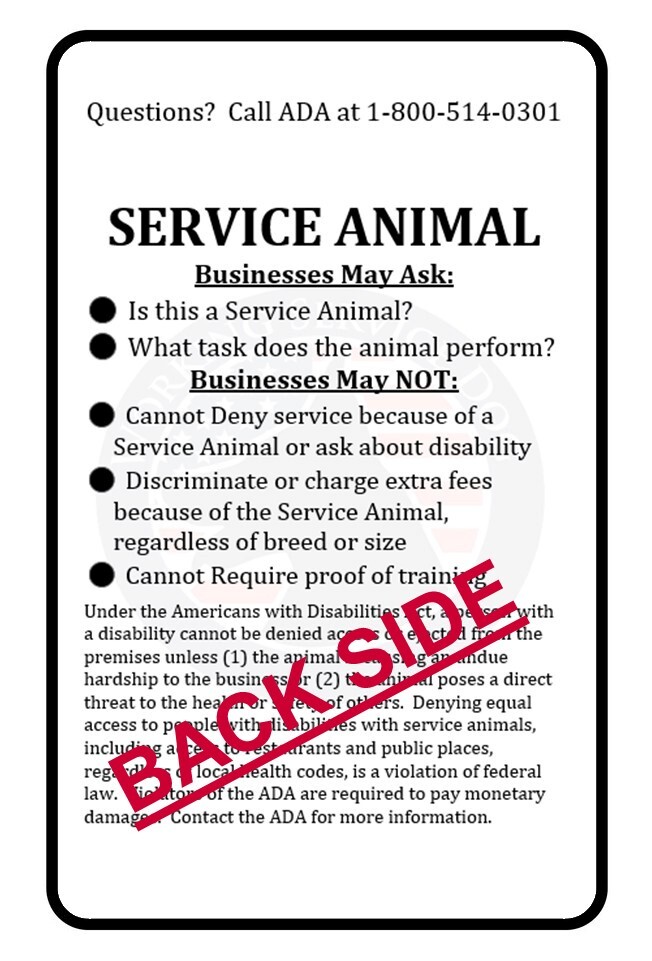 SERVICE DOG METAL ID CARD FOR ANIMAL ESA ADA BADGE PTSD DIABETIC ALERT