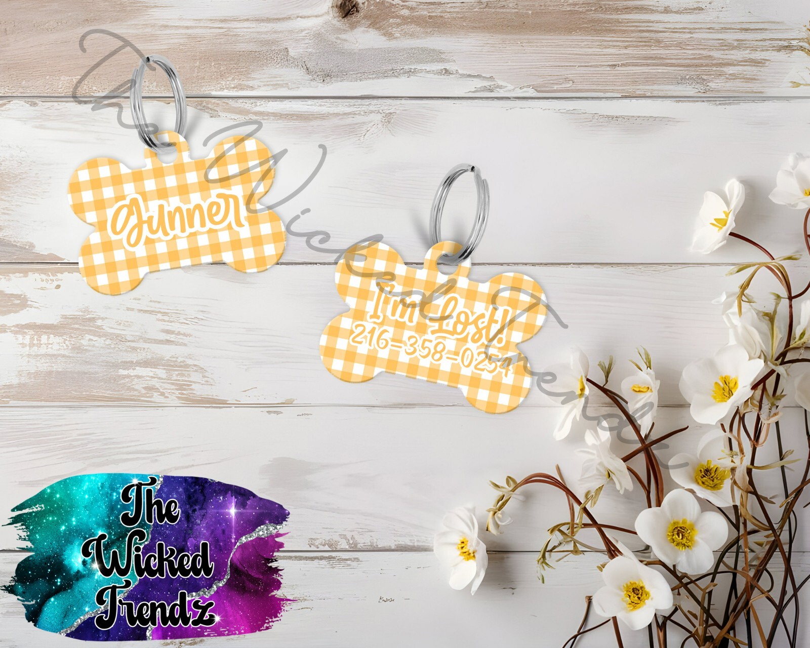 Gingham Pattern Blue Pink Yellow Custom Personalized Pet Name ID Dog Tag Number