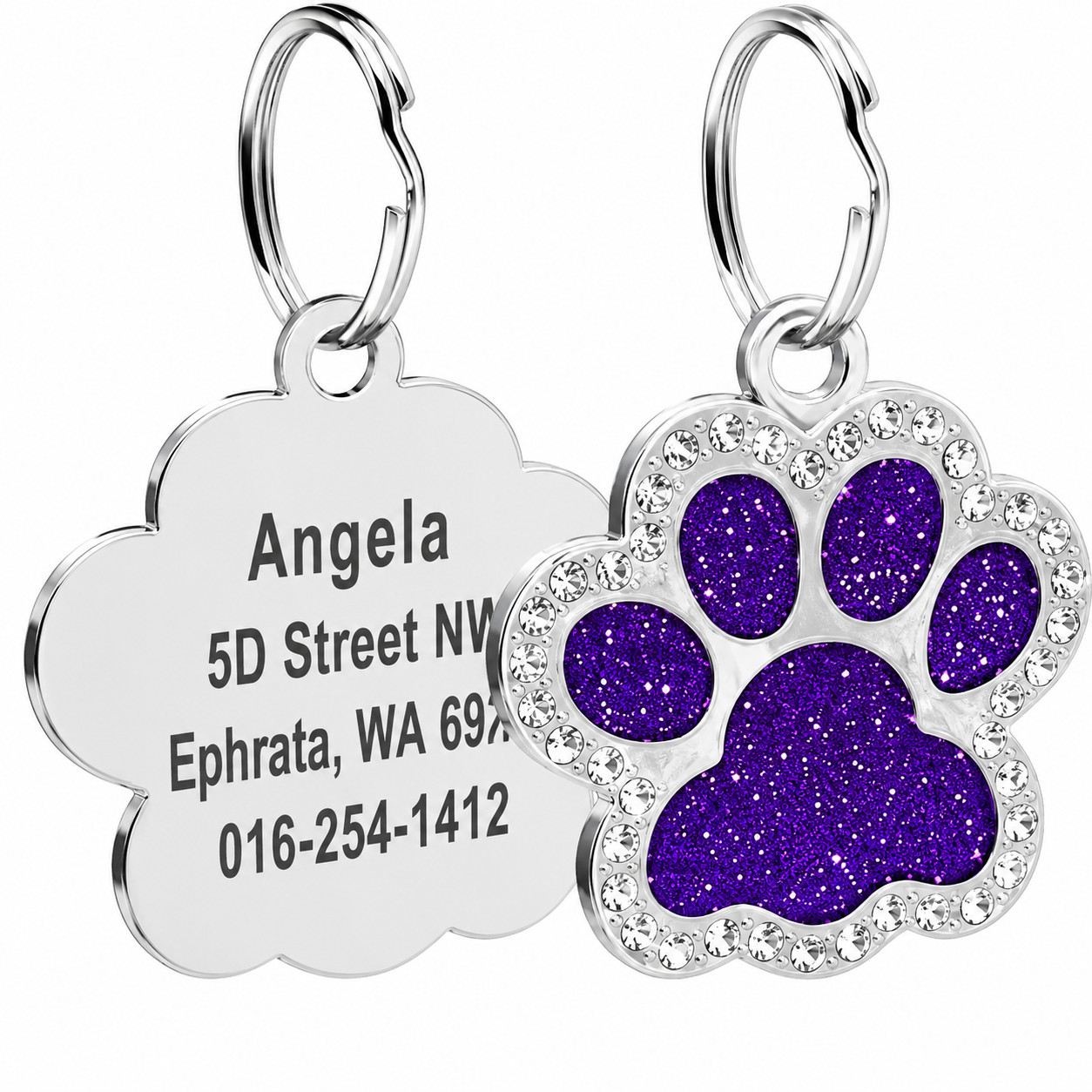 Personalized Pet ID Tag Custom Engraved Dog Cat Name Tag Glitter Paw Charm