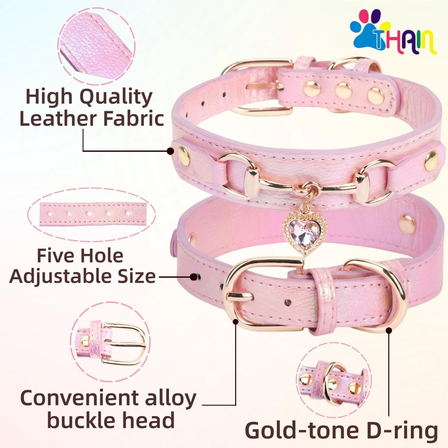 THAIN Fashion Dog Collar with Bling Diamonds & Heart Charm – 5 Holes Adjus