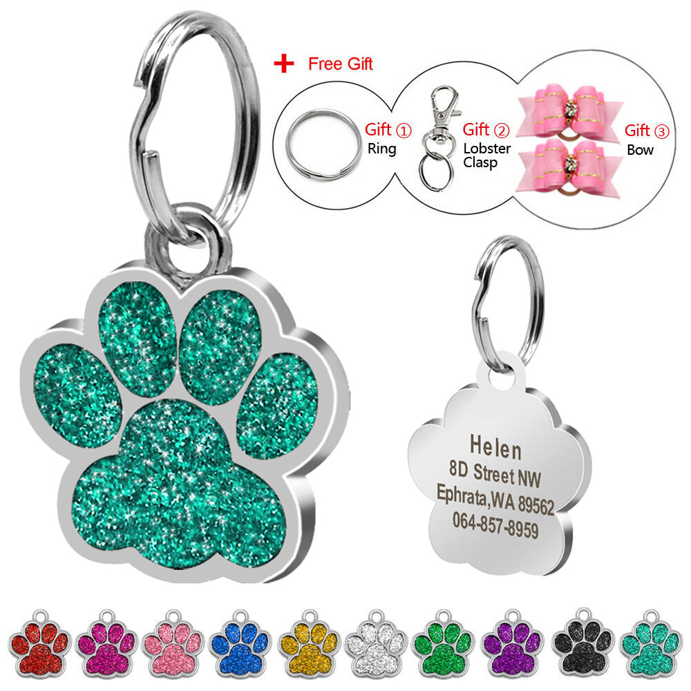 Dog Cat Pet Tag ID Collar Tags Personalized Engraved 24mm Glitter Paw Print Tag