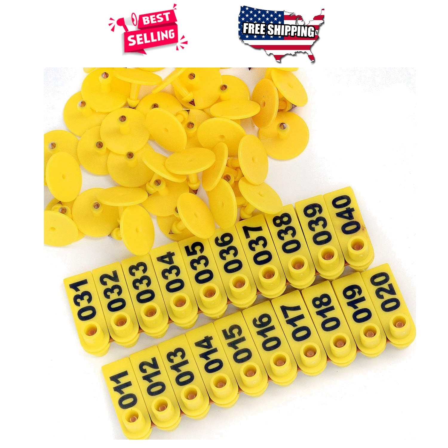 Yellow Numbered Ear Tags 001-100 Livestock Animal Plastic for Cattle Sheep 50mm