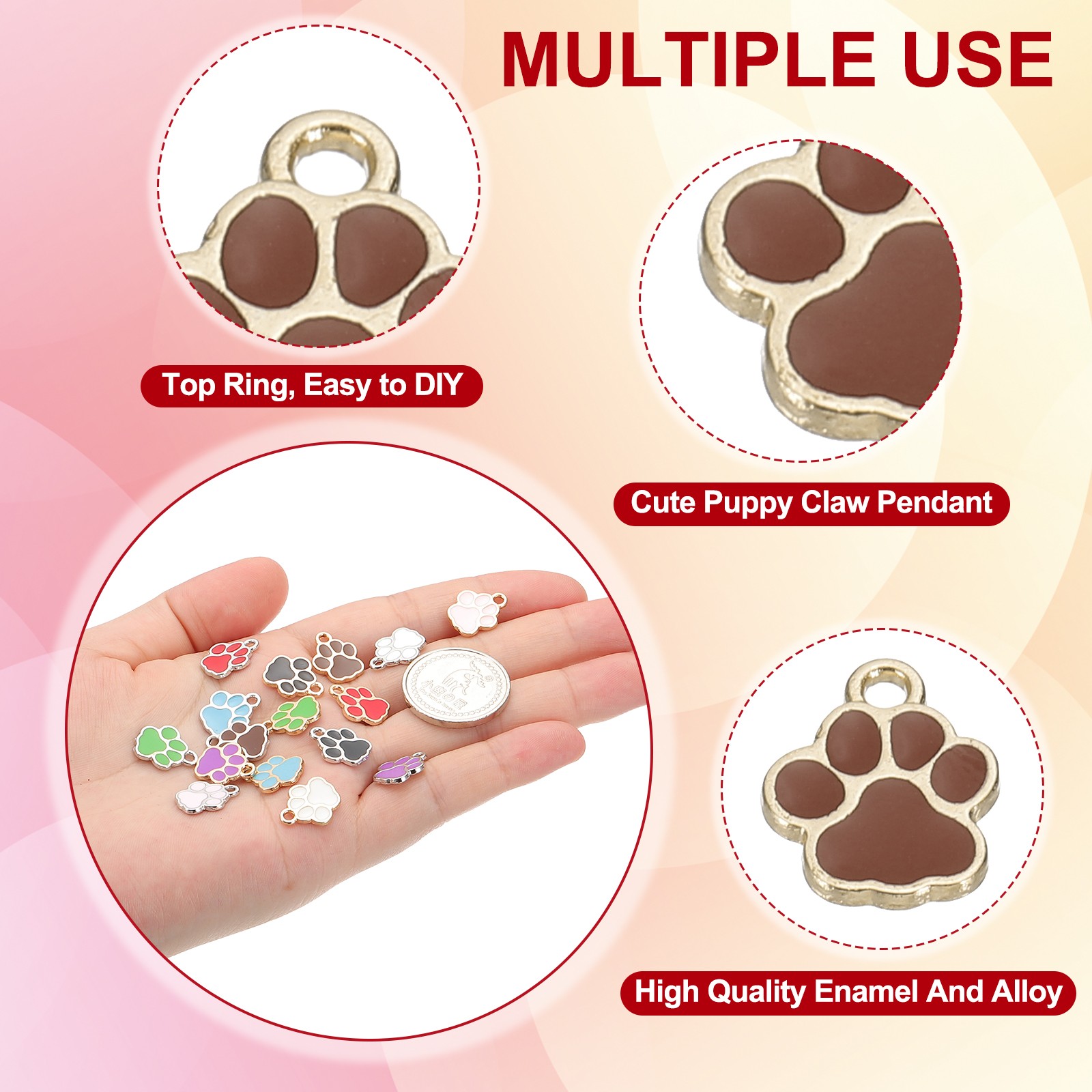 Enamel Paw Print Charm, 100Pcs Alloy Enamel Pendants , Coffee/gold
