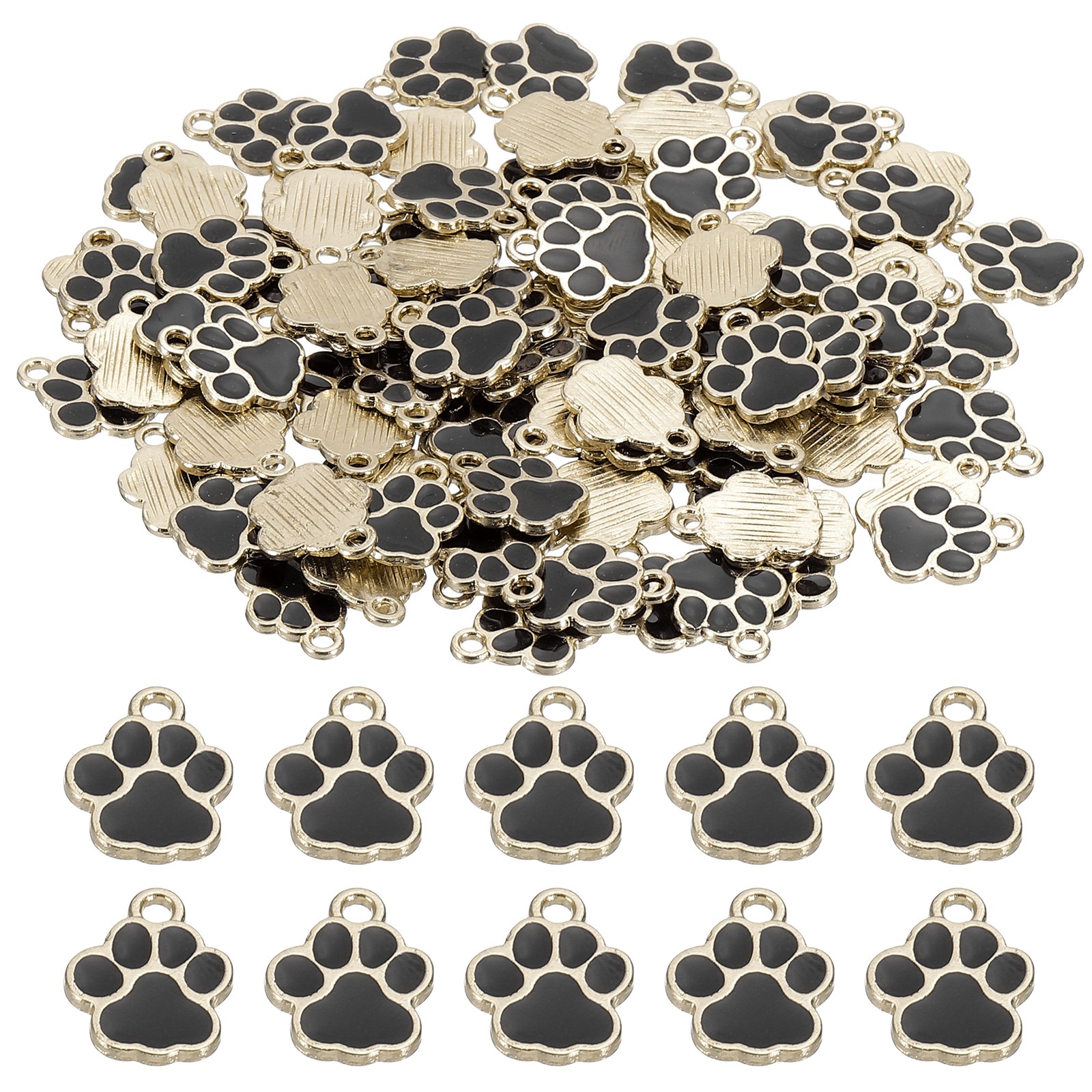 Enamel Paw Print Charm, 100Pcs Alloy Enamel Pendants , Black/gold