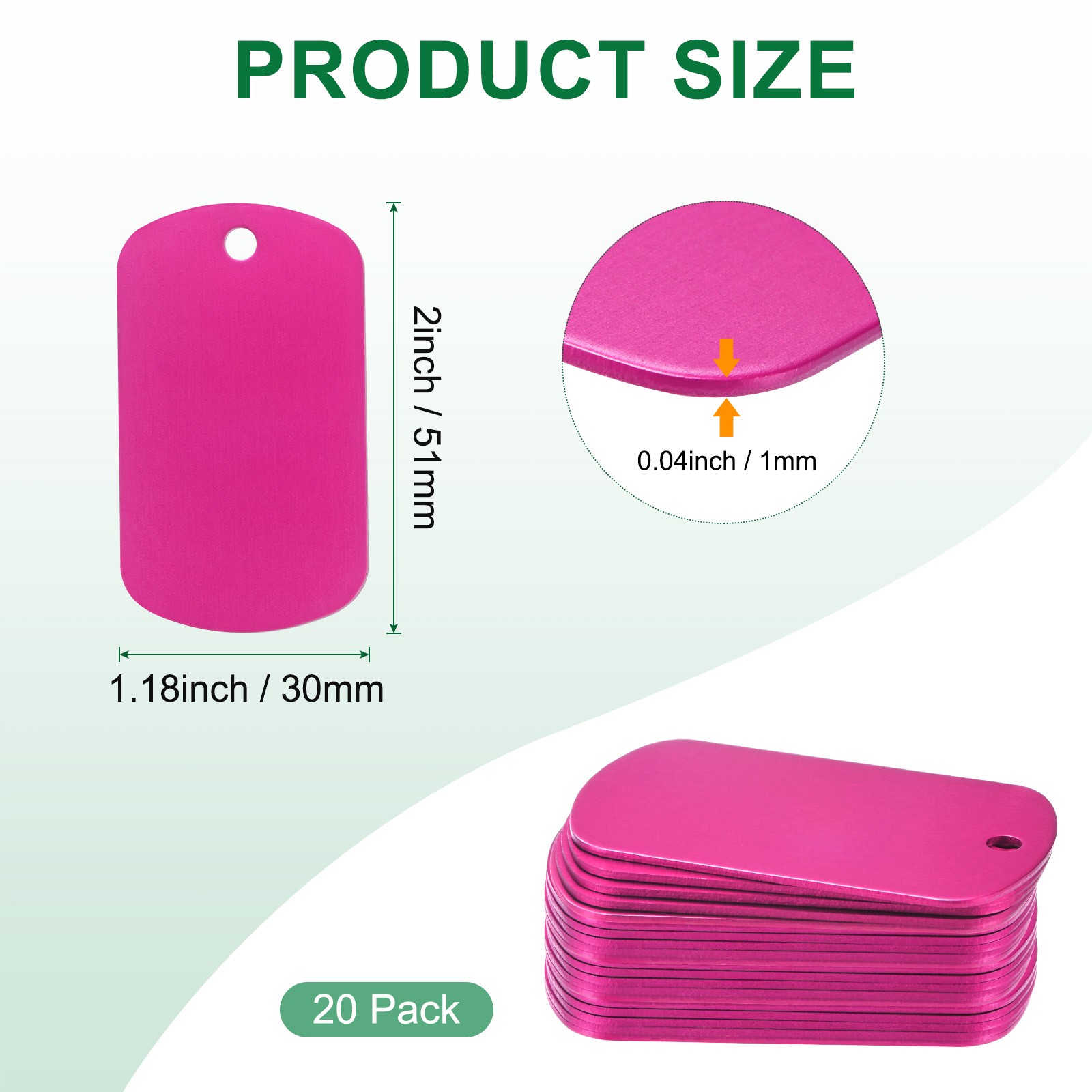 20-Pack 2″ x 1.18″ x 0.04″( L x W x T ) Blank Dog Tags [Rose Red, 1 Hole]