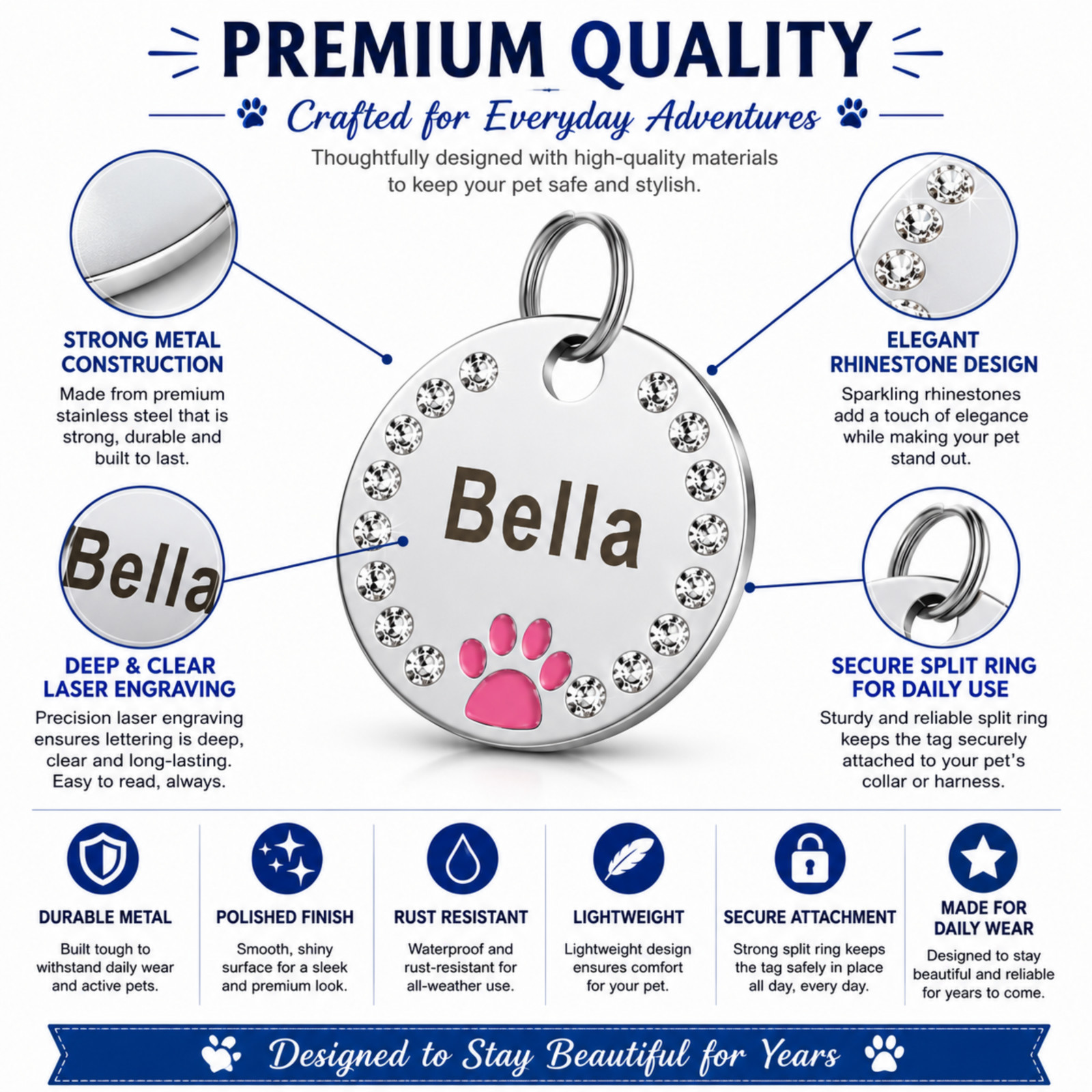 Personalized Dog ID Tag Custom Engraved Pet Name Tag Rhinestone Round Metal