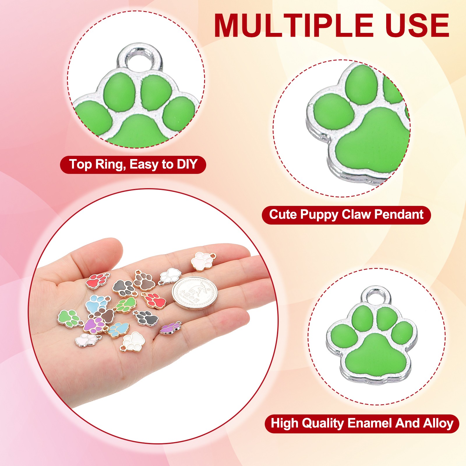 100 Pcs Green/Silver Enamel Paw Print Charm Alloy Enamel Pendants