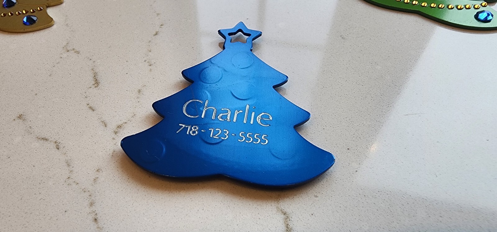 CUSTOM ENGRAVED CHRISTMAS TREE PET TAG ORNAMENT ID TAG with DECORATIVE CRYSTAL