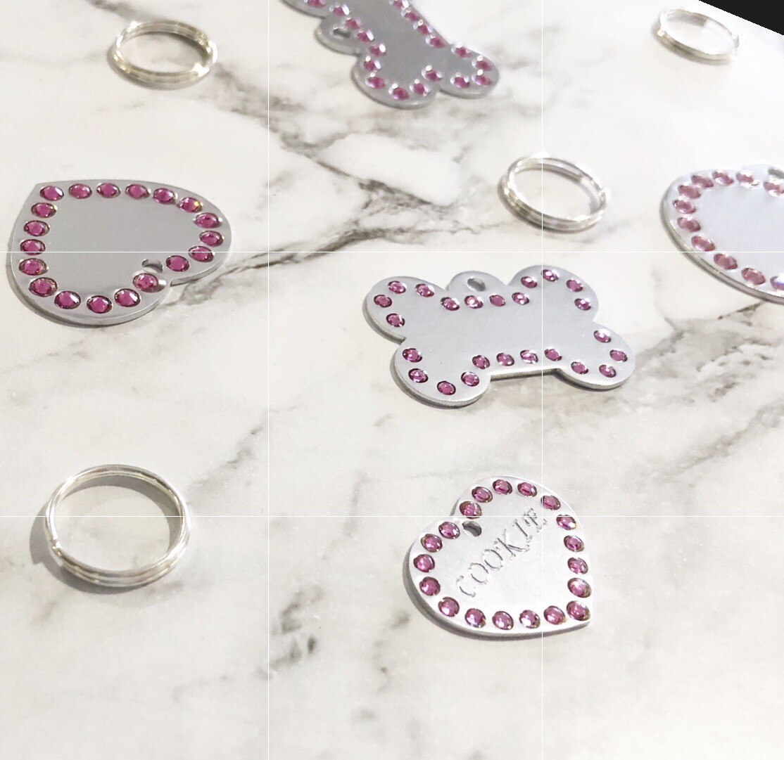 SMALL Crystal Heart Shaped Custom Pet ID Name Tag Cat Dog FREE ENGRAVE/POST