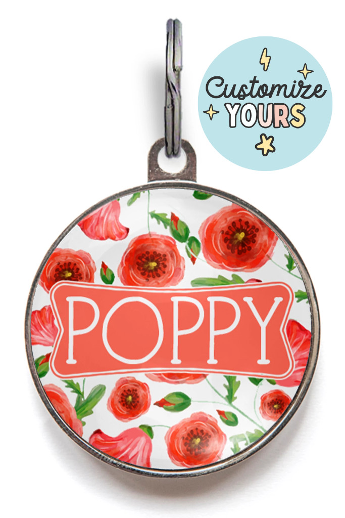 Poppy Dog Tag – Custom Floral Pet Name ID Tag – Red Flower Design – Durable