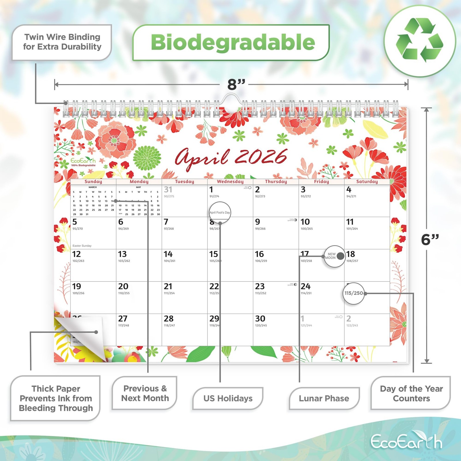 EcoEarth – Biodegradable 8×6 Inch – 12-Month Wall Calendar – 2026 Monthly Fli…