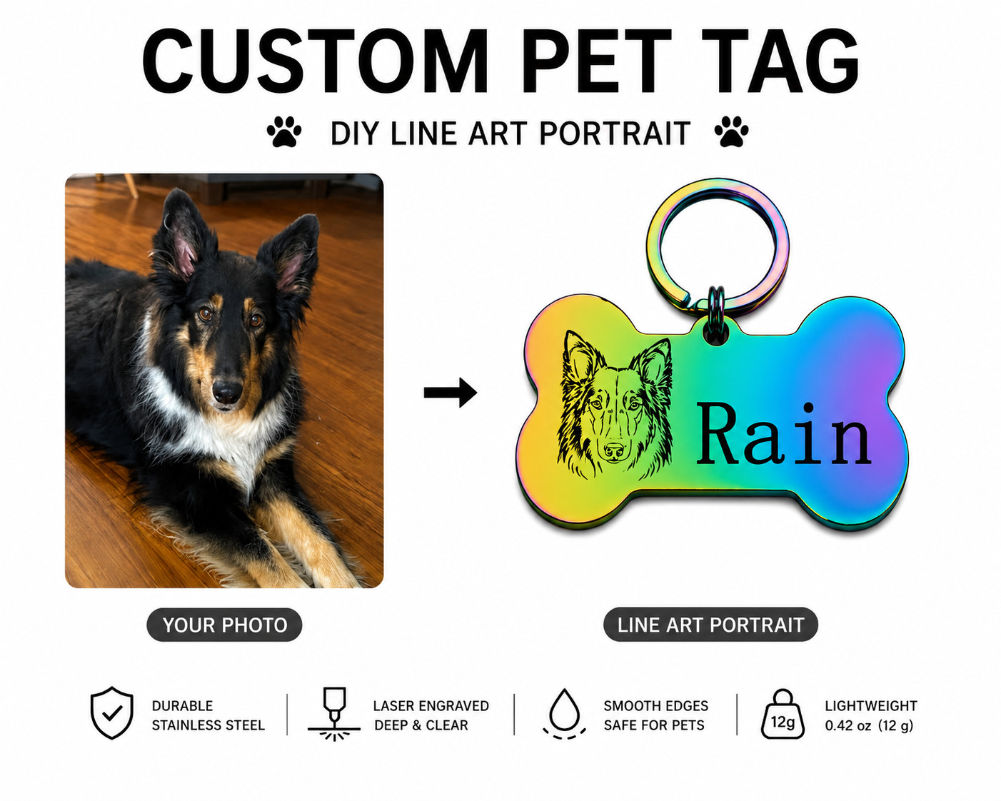 Custom Dog Bone Pet ID Tag Personalized Photo Engraved Name Stainless Steel