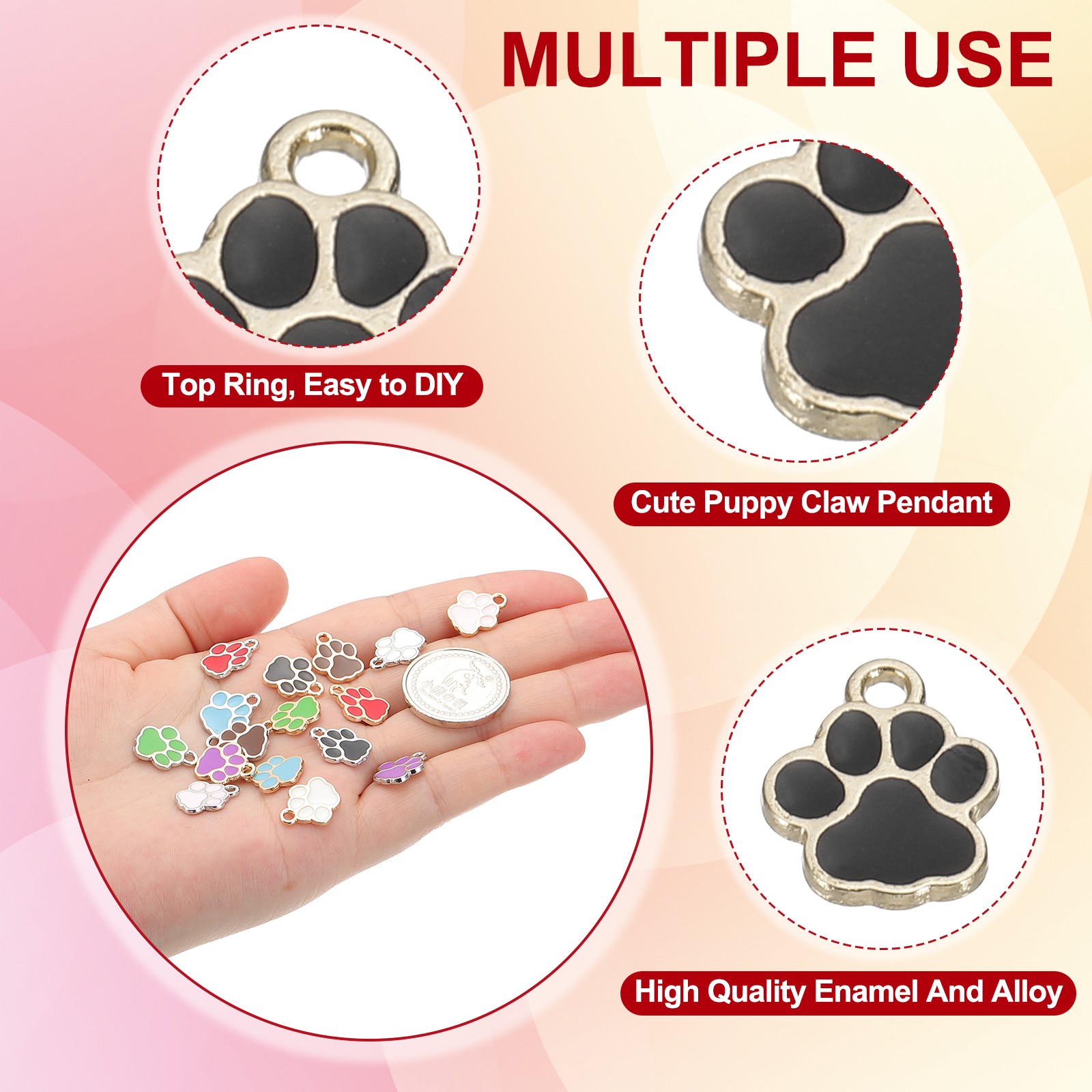 Enamel Paw Print Charm, 100Pcs Alloy Enamel Pendants , Black/gold