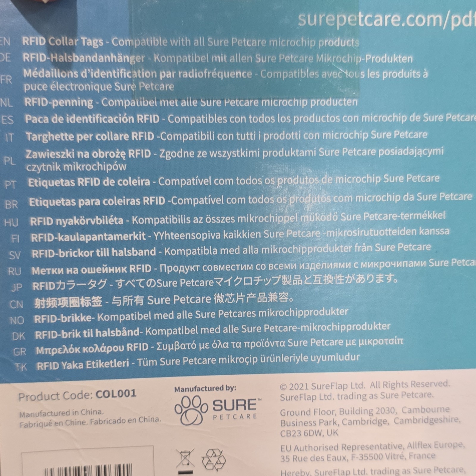 Sure Petcare RFID Collar Charm Tag Medallion, Blue Plastic, Unisex COL001