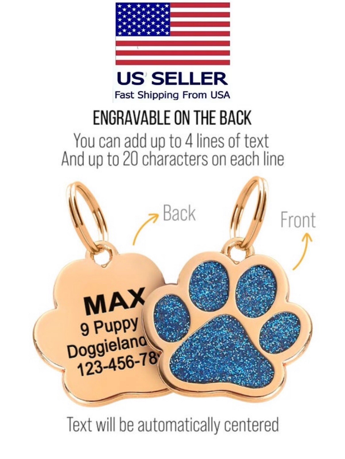 Gold Paw dog ID tag personalized shiny small dog tag id glitter dog id tag