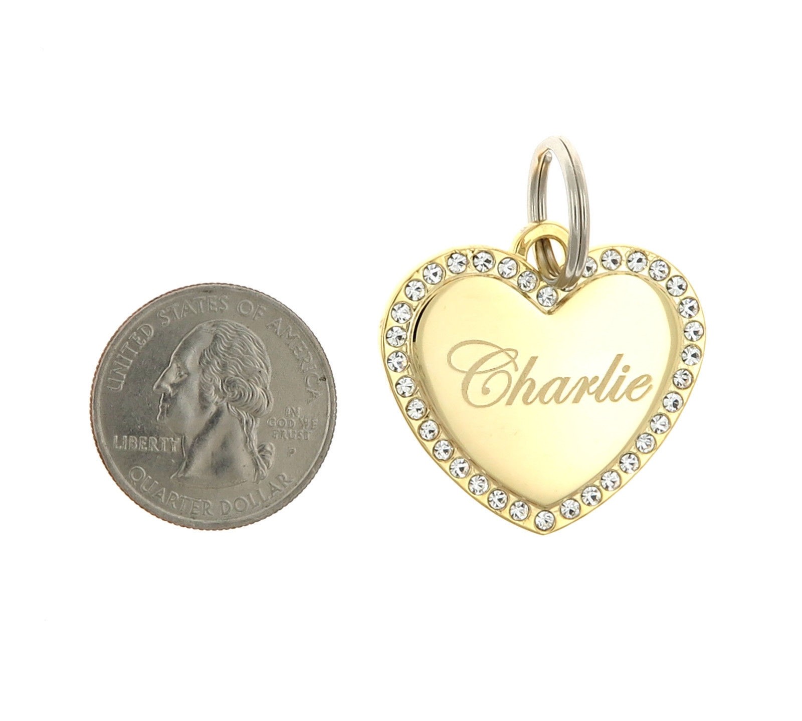 Custom Engraved Personalized Gold Plated Heart CZ Stones Dog Pet ID Tag