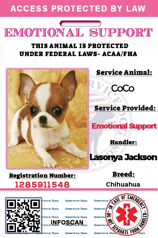 Pink EmotionalSupport Dog Card ID Assistance Animal Badge ADA ESA With QR Code