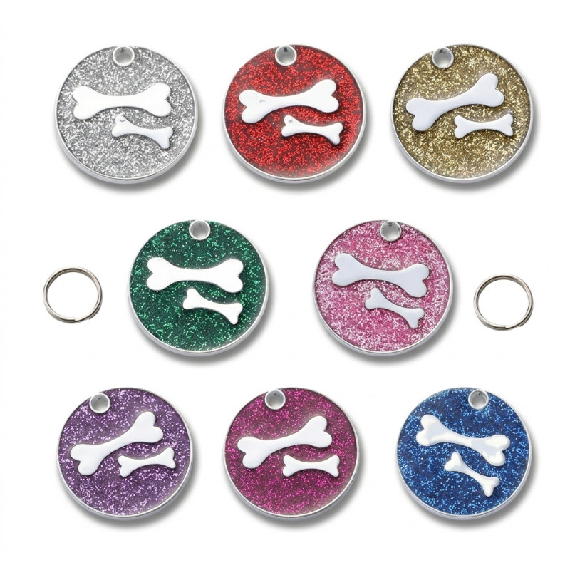 Personalized Pet ID Tag, Dog Tag, Cat Tag, Glitter double Bone Round Pet ID Tag