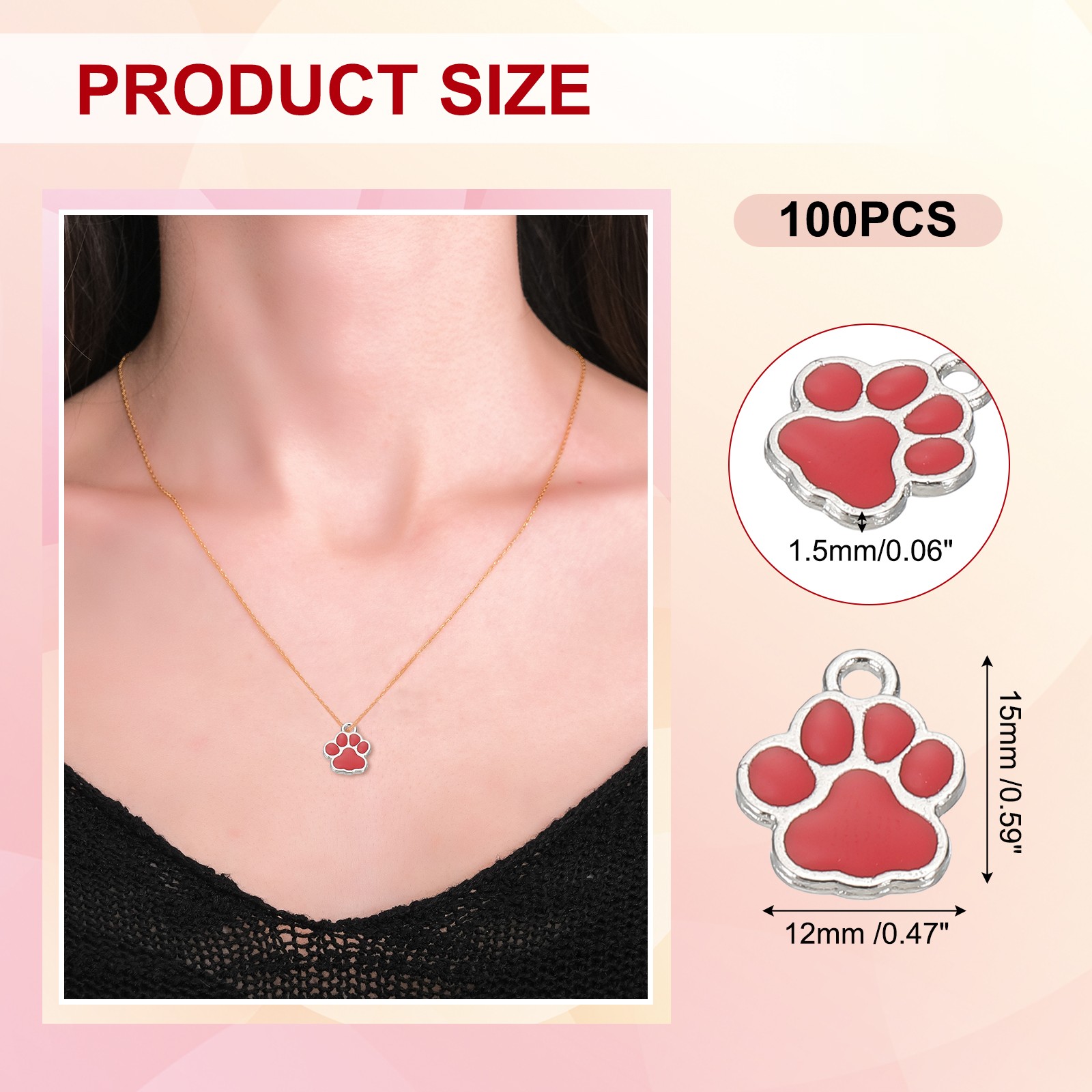 100 Pcs Red/Silver Enamel Paw Print Charm Alloy Enamel Pendants