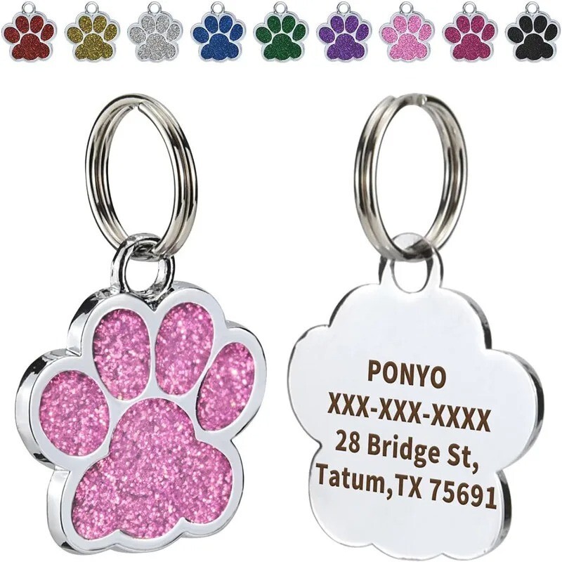 Personalized Pet ID Tag Engraved Glitter Paw Name Custom Tag for Dog Cat Collar