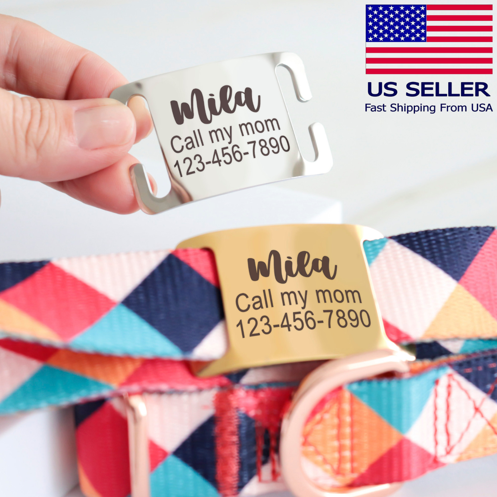 Personalized Slide on Silent Pets Name ID Tags for Dog Cat Martingale Collar