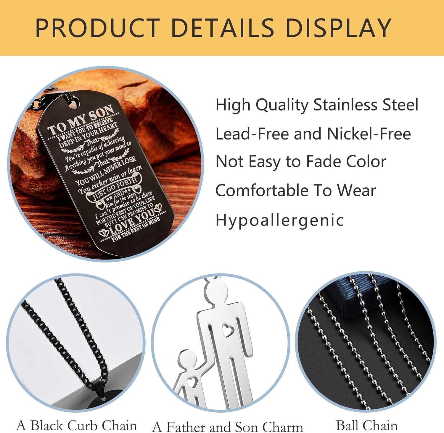 Men’s Engraved Black Stainless Steel Dog Tag Necklace 24in Chain