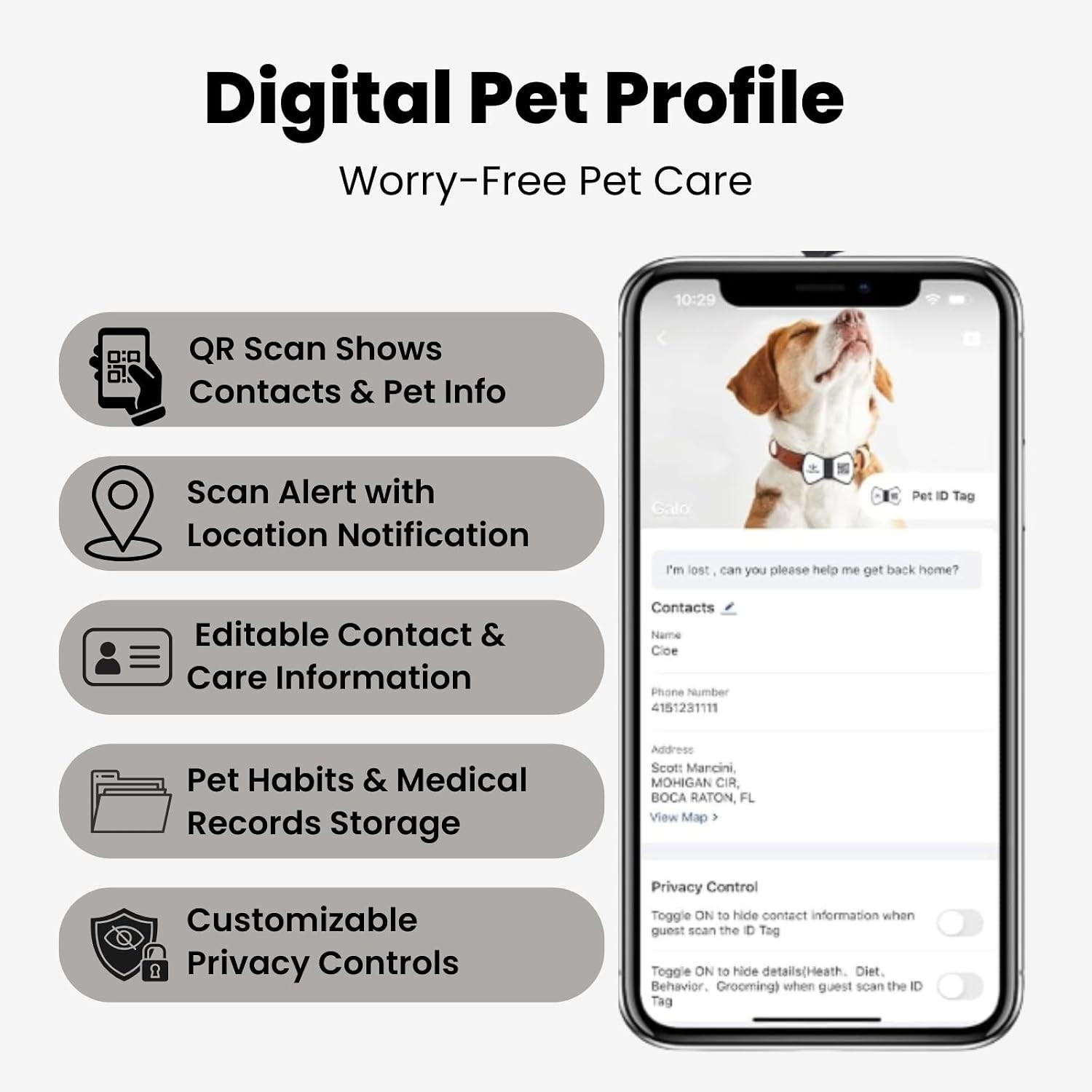 Smart Pet ID Tag, QR Code Dog Tag, No Subscription Fee, Waterproof Silent Sil…