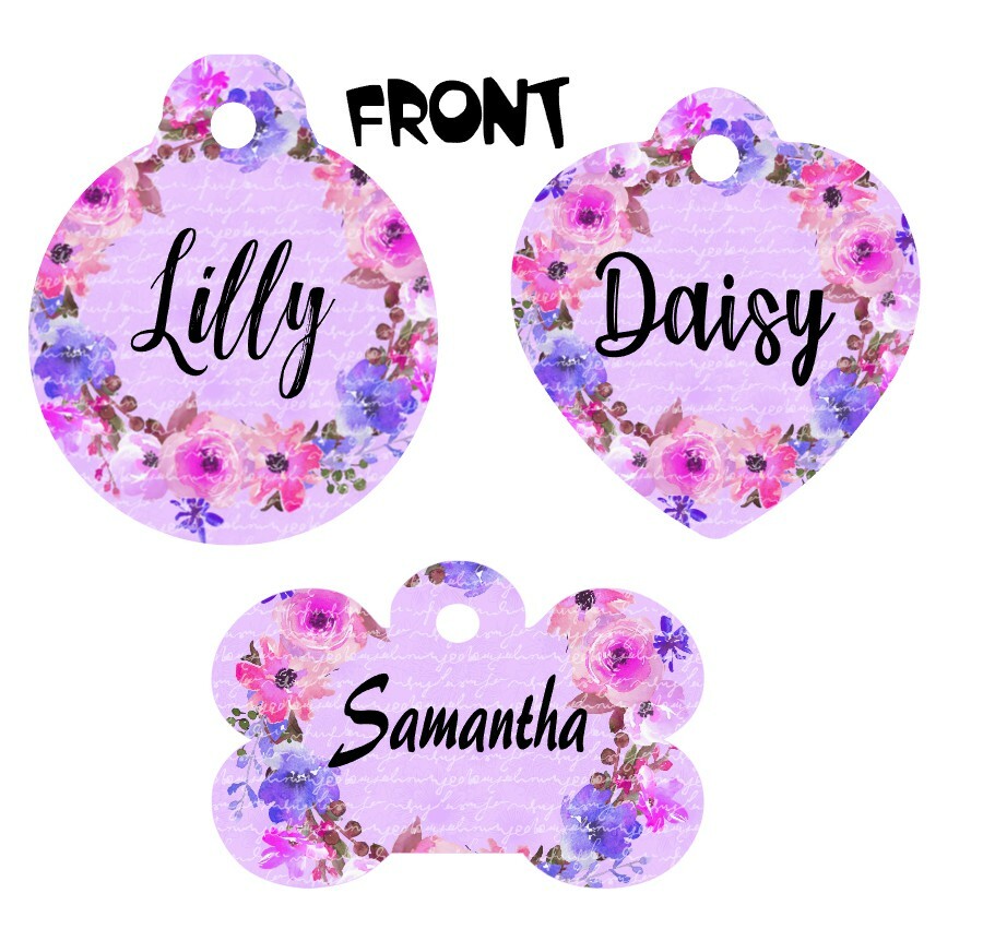 Pet ID Tag Floral Personalized Custom Double Sided Pet Tag w/name & number