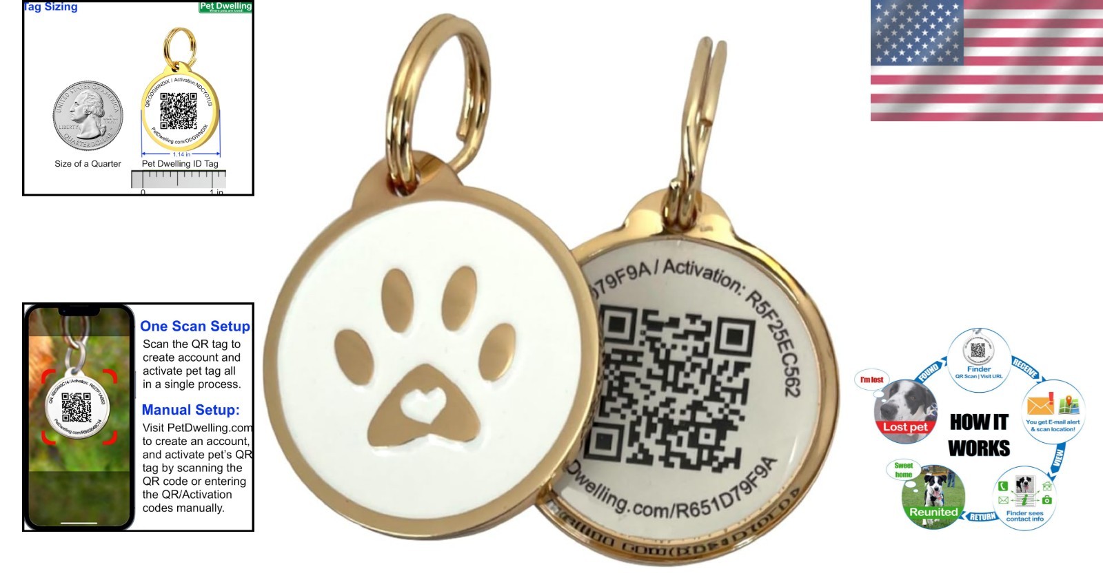 Gold and White QR Pet Tag – Instant Location Alerts for Dogs & Cats, 1.14″