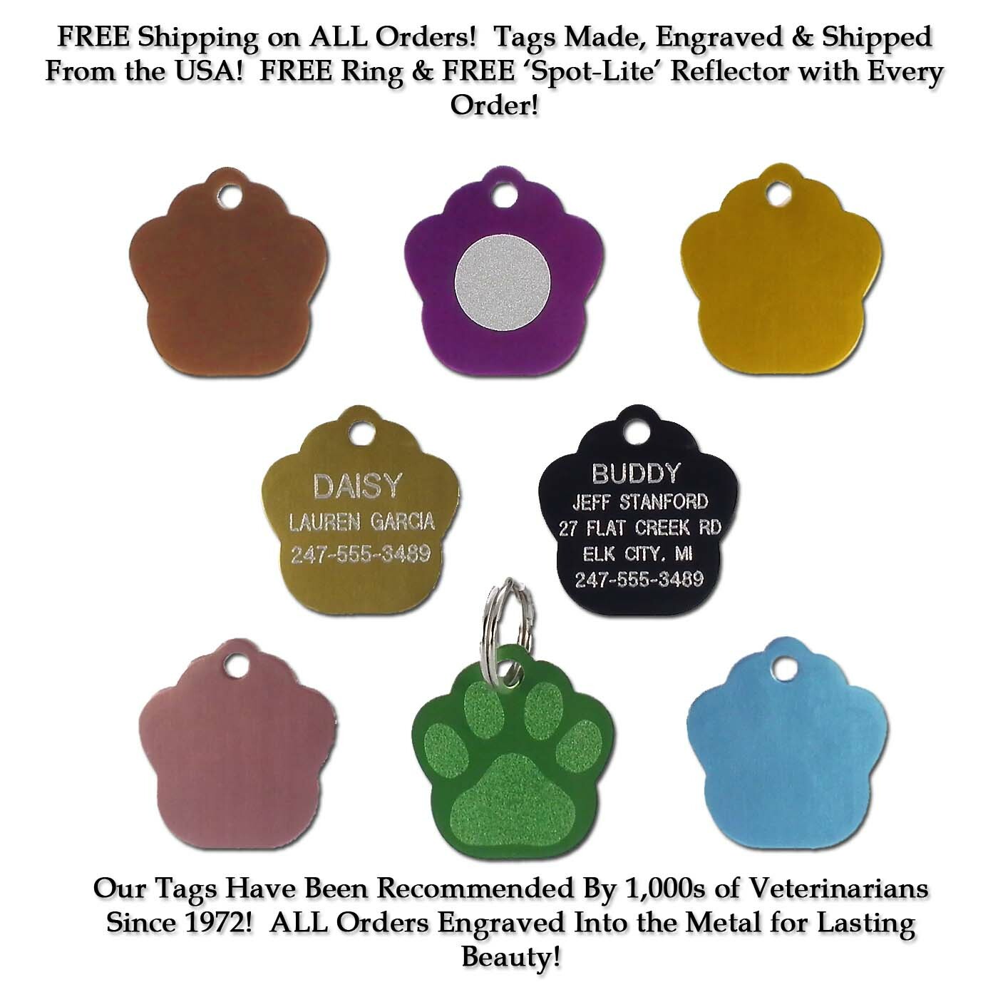 SMALL PAW SHAPE Dog Cat Pet ID Name Tags Custom Engraved Tag W/ Up To 5 Lines