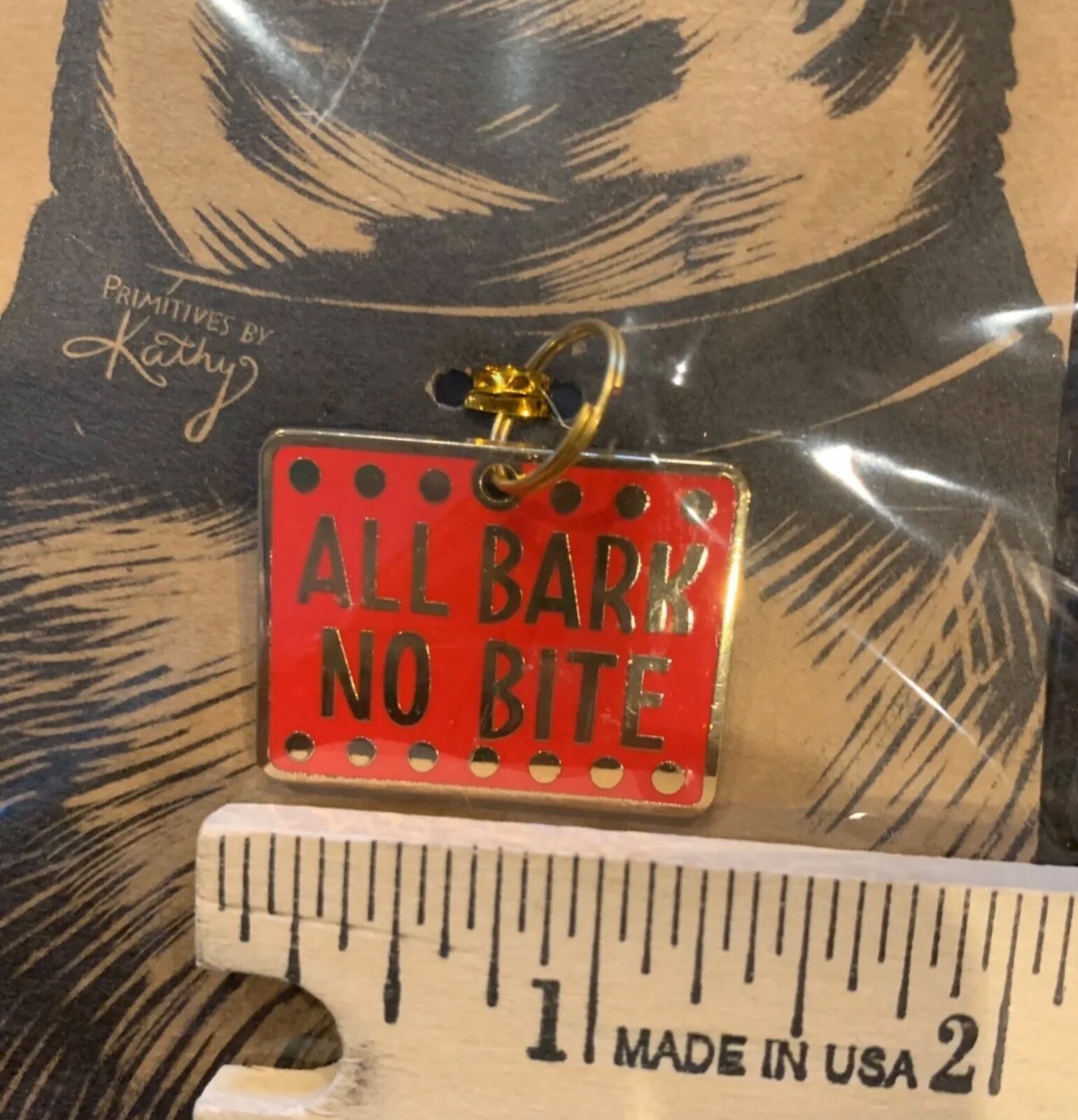 New Primatives by Kathy ALL BARK NO BITE Red Metal Enamel Collar Charm Dog Puppy