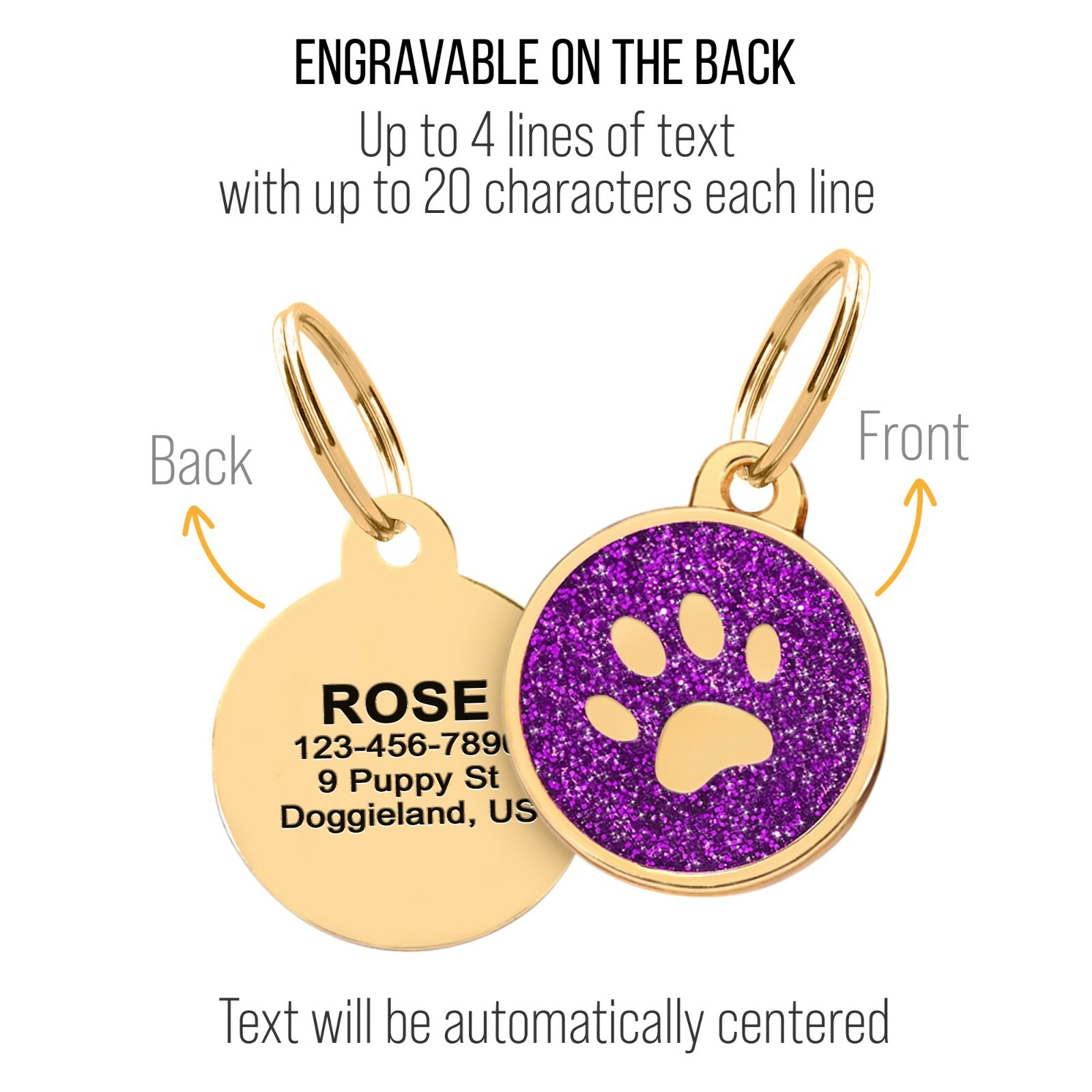 Personalized Stainless Steel Cute Sparkly Shiny Bling Paw Collar Tag Lost Dog