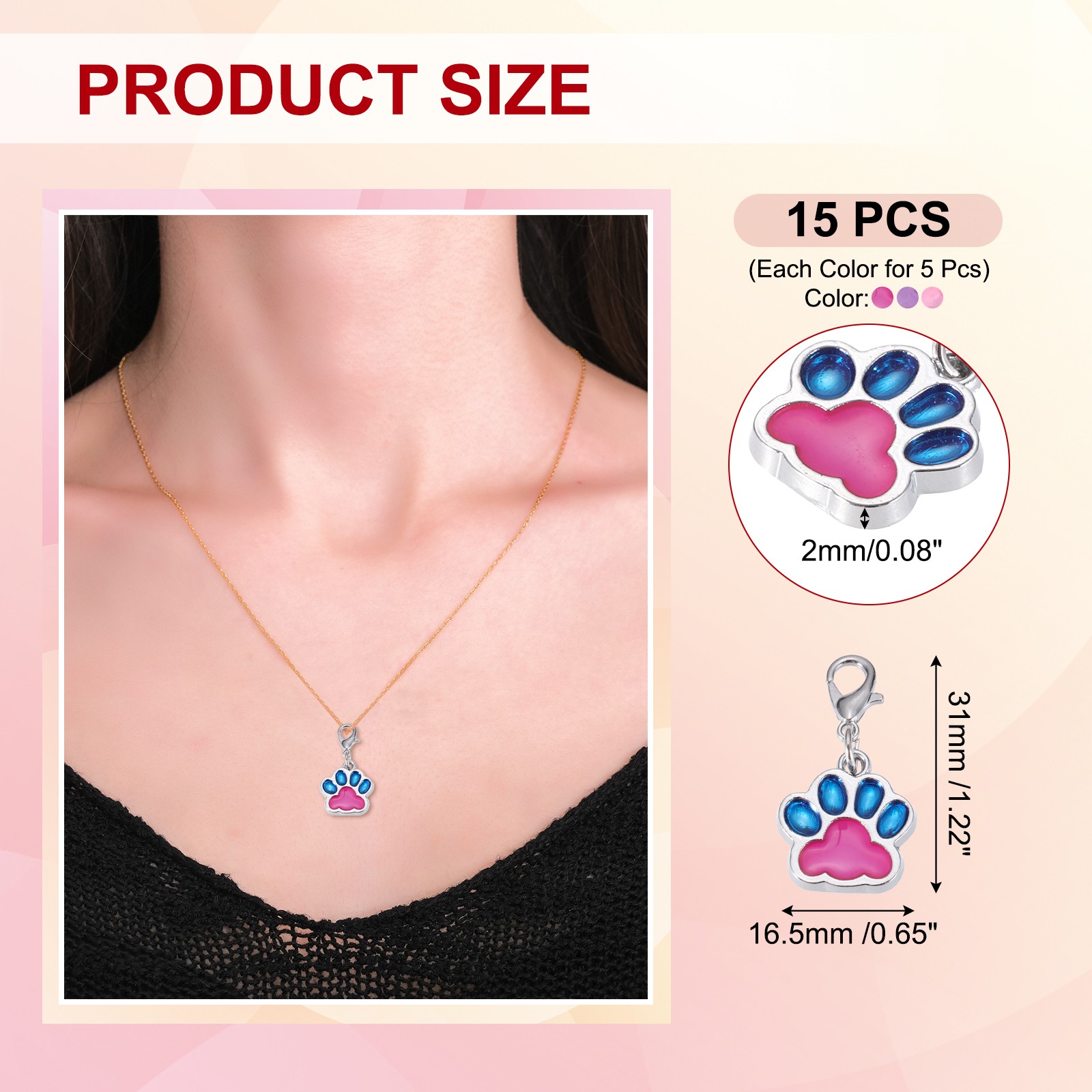 Enamel Paw Print Charm, 15Pcs Alloy Enamel Pendants, Multi-colored