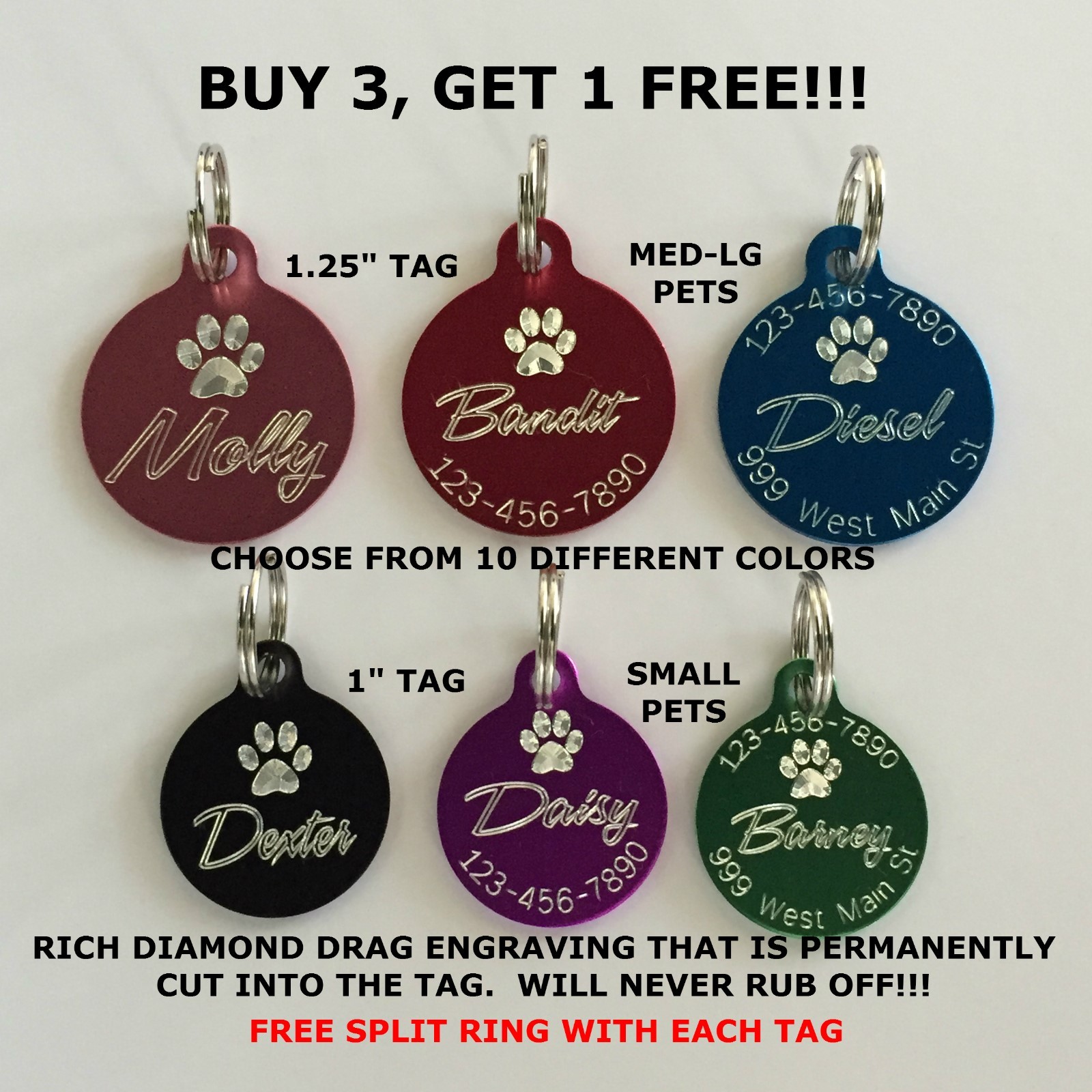 Custom Engraved Circle Paw Print Pet Tag Dog Cat ID Name Animal – 10 COLORS