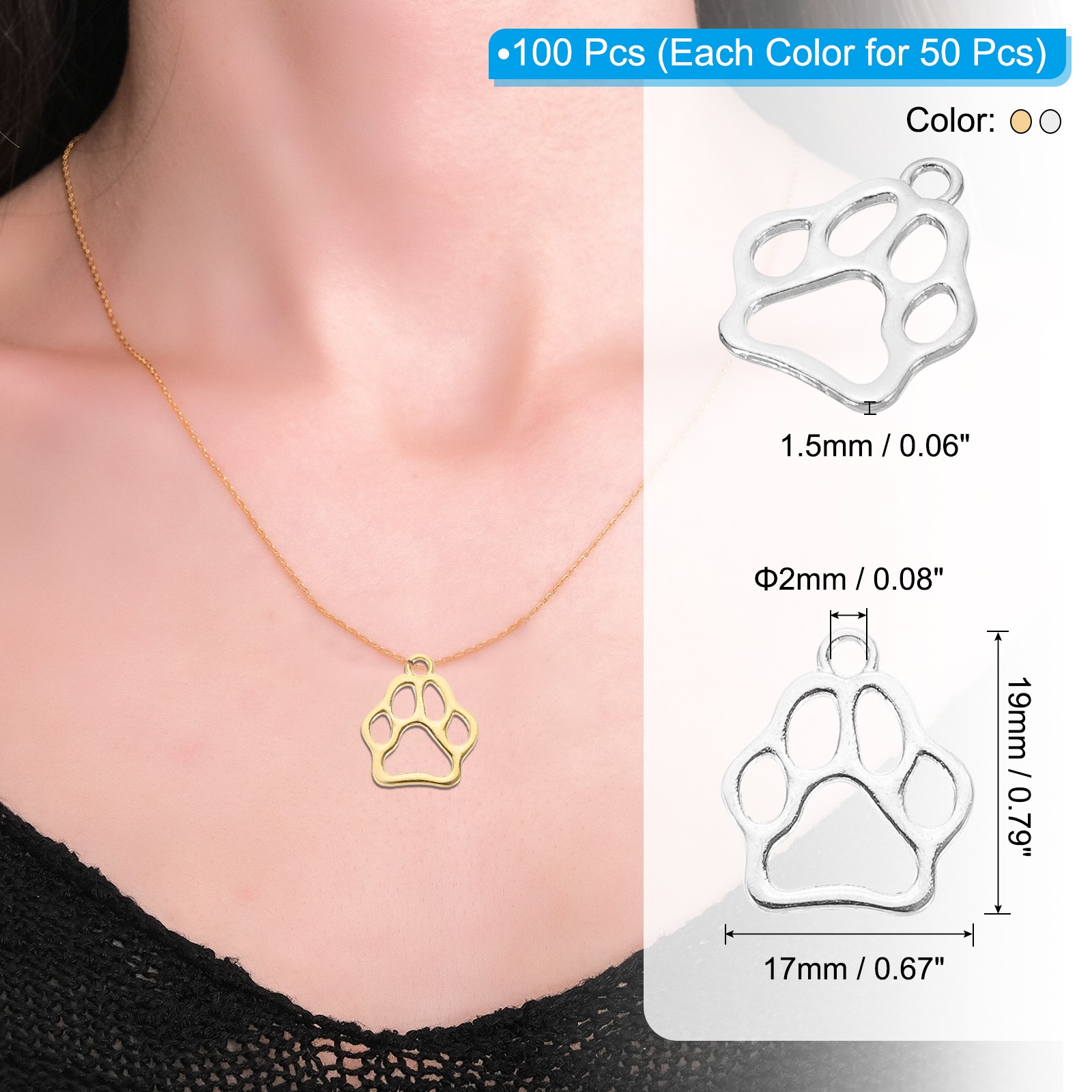 Hollow Paw Print Charm, 100Pcs Alloy Footprint Pendants, Gold/Bright Silver
