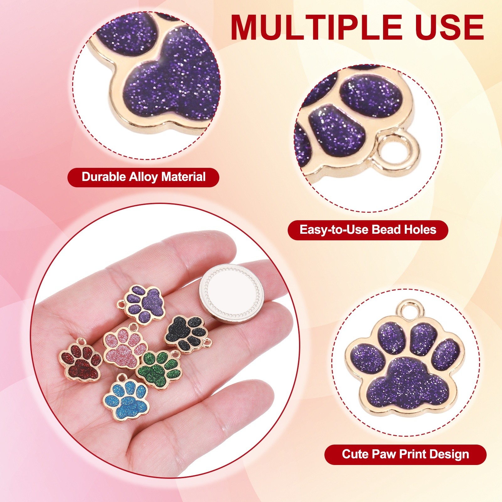 Glitter Enamel Paw Print Charms, 50Pcs(Gold Tone/Black/Purple/Blue/Green/Red)