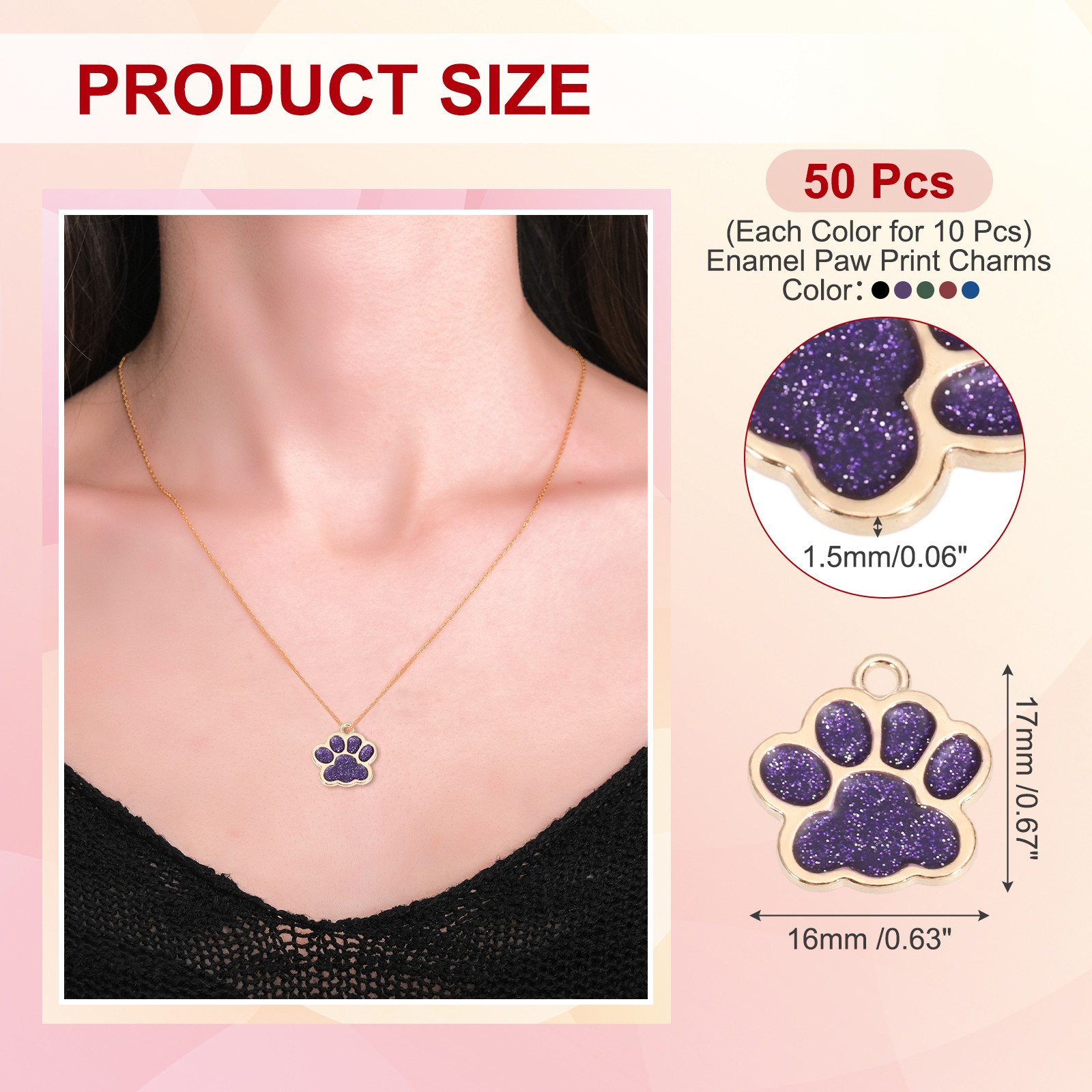 Glitter Enamel Paw Print Charms, 50Pcs(Gold Tone/Black/Purple/Blue/Green/Red)