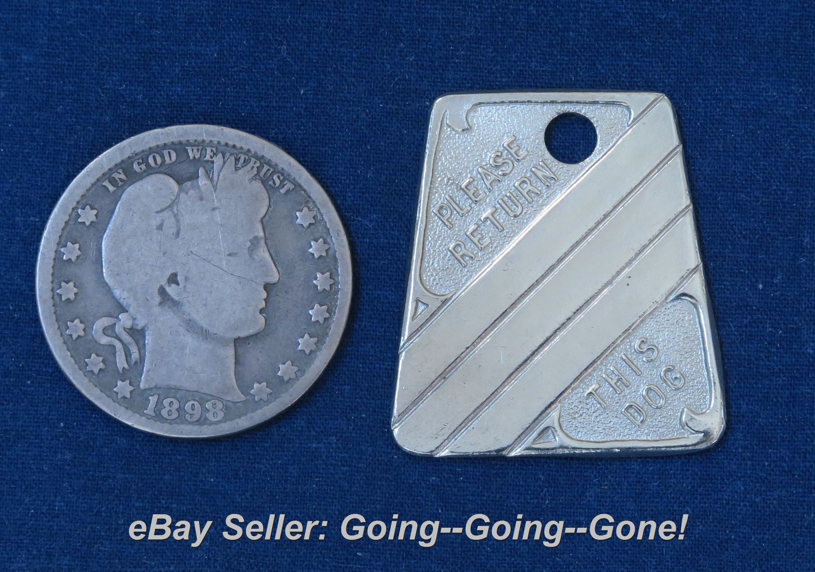ANTIQUE DOG TAG DOG COLLAR CHARM PLEASE RETURN THIS DOG NICKEL SILVER TRAPEZOID