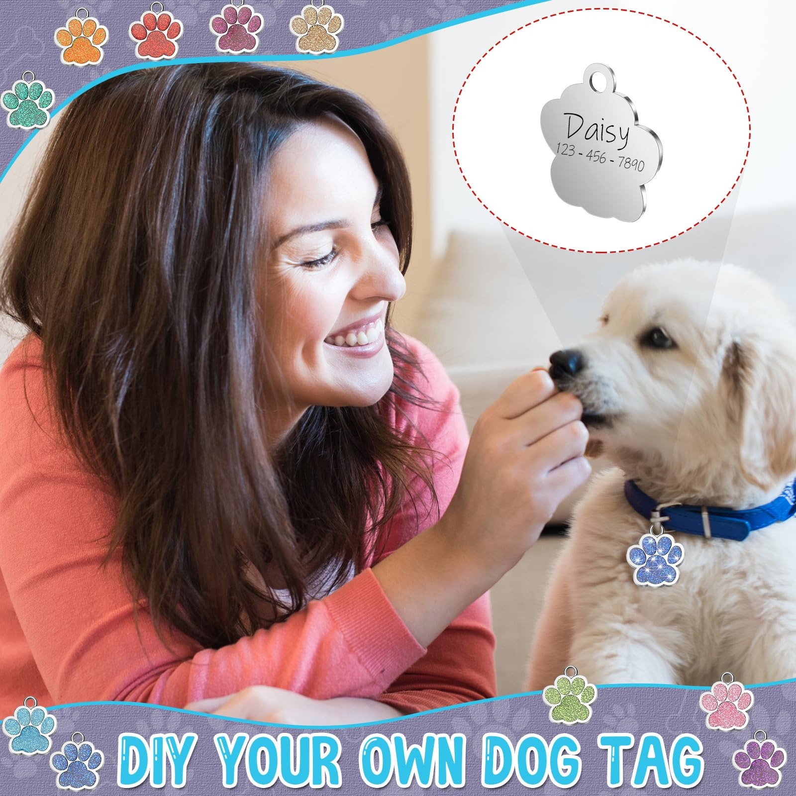 60 Pcs Personalized Paw Print Pet Tag for Dogs and Cats, Blank Pet ID Tags Cu