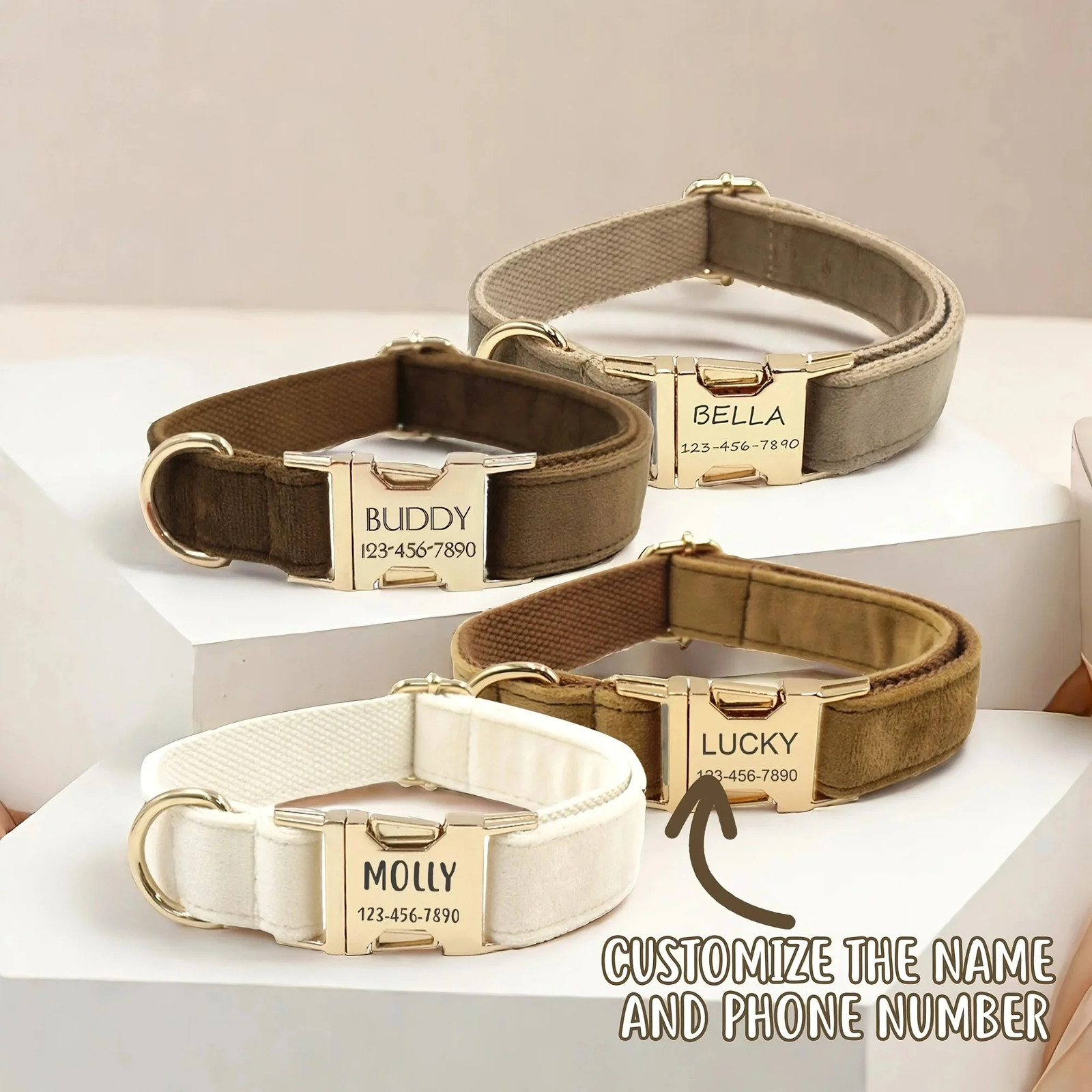 Personalized Velvet Dog Collar with Custom Engraved ID Tag – Adjustable Large