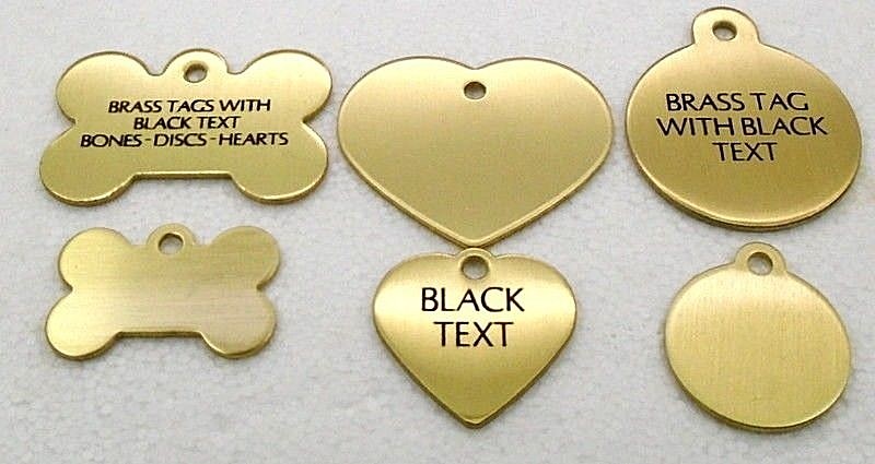 Pet Tags ~ Brass Bones, Discs & Hearts Pet Tags with Black Text pet id