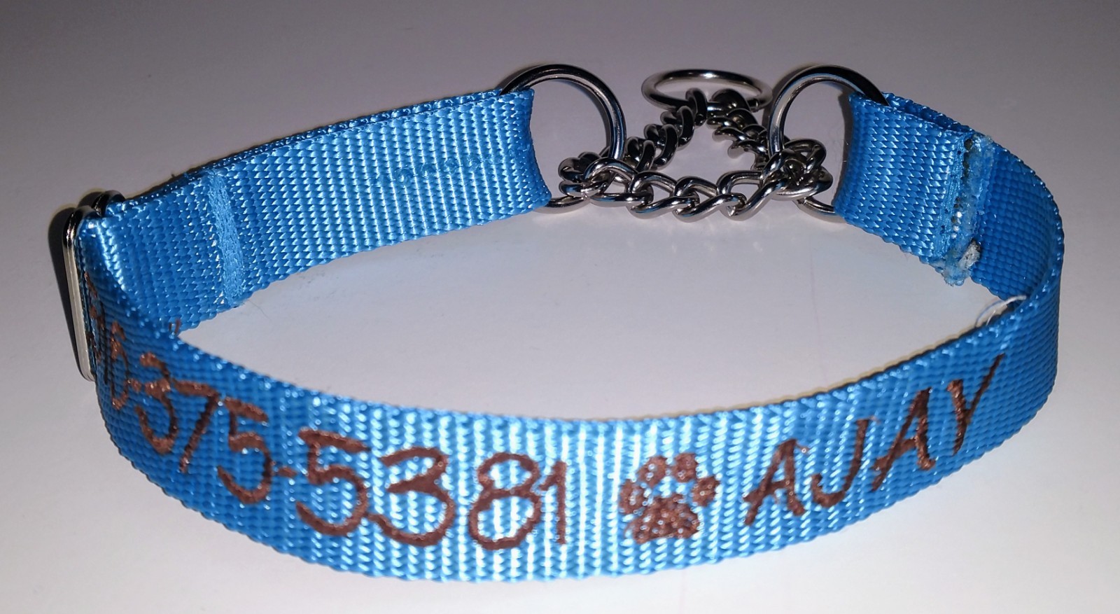 PERSONALIZED Embroidered Chain Martingale Dog Collar Pet ID Tag Name and Phone!