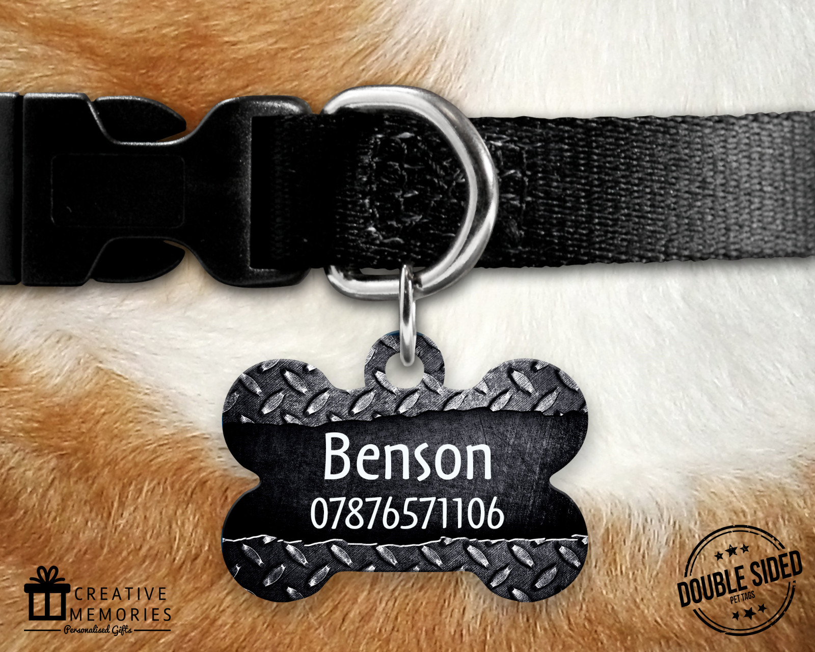 Personalised Pet ID Tag – ID Tag – Dog Tag – Bone Tag – Black Metal Effect