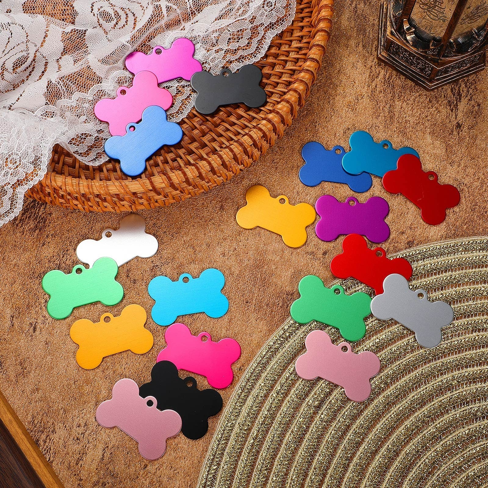 100 Pcs Blank Dog Cat Tags for Engraving, 38mm Aluminum Bone Shape, Colorful Dou