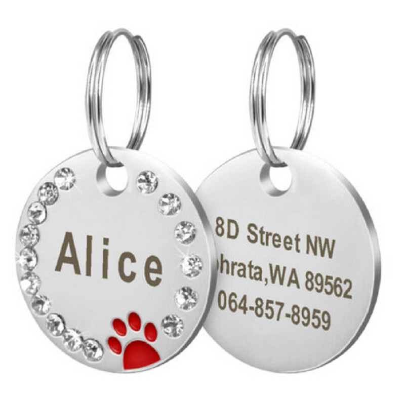 Paw Print Rhinestones Custom Laser Engraved Dog Cat Tag Personalized/Free Ring