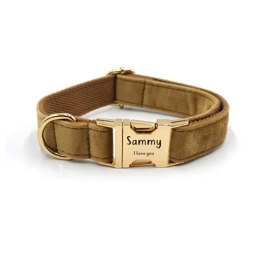 Personalized Velvet Dog Collar with Custom Engraved ID Tag – Adjustable Large