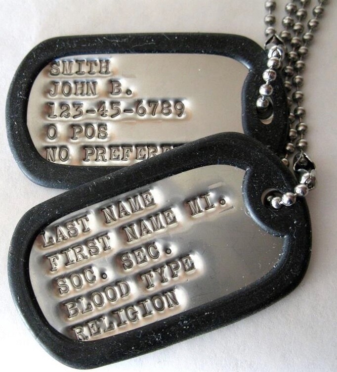 DOG TAGS MILITARY CUSTOM DEBOSSED 2 TAGS SAME AS GI (UP To 18 SPACES)!!