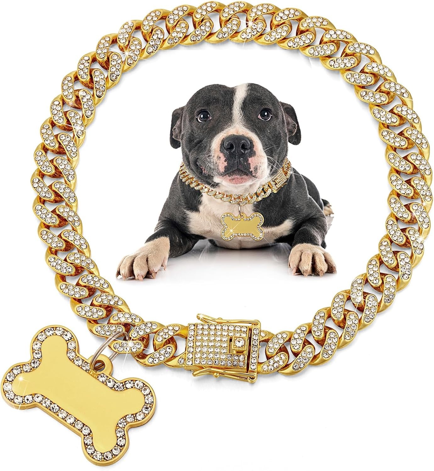 Golden Dog Chain Diamond Collar Necklace with Pet ID Jewelry Tags Rhinestones…